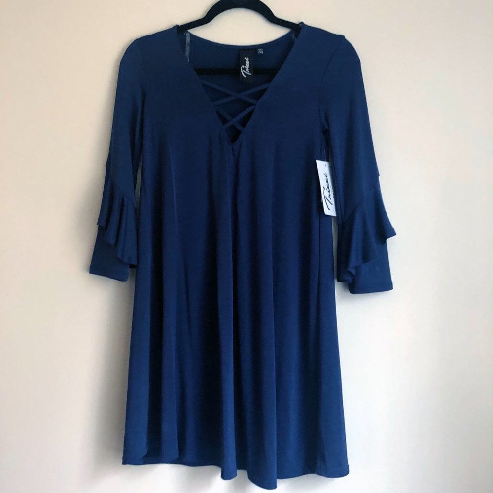 NWT Trixxi Stormy Blue Long Sleeve Criss-Cross A-Line Dress | Size XXS - Picture 5 of 13